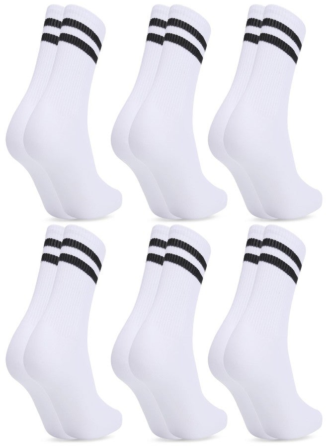 Starvortex 6-pair Striped Crew Socks Women, Breathable Cotton Half Calf Women Sock Size 7-9, Stylish White Striped Sock, Soft Tube Socks for Gym Tennis Running Workout - Image 1